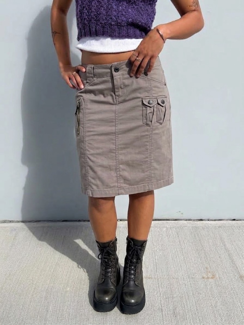 Vintage Y2K Diesel Utility Cargo Pencil Skirt Taupe Grey Zipper Pocket Size 26